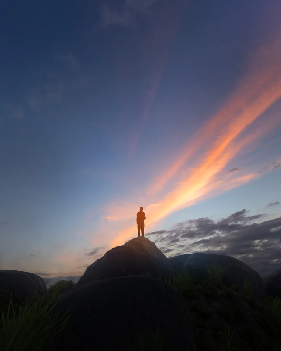 Change Your Mind, a 3D composite of a lone figure on a rock beneath streaking sunset clouds