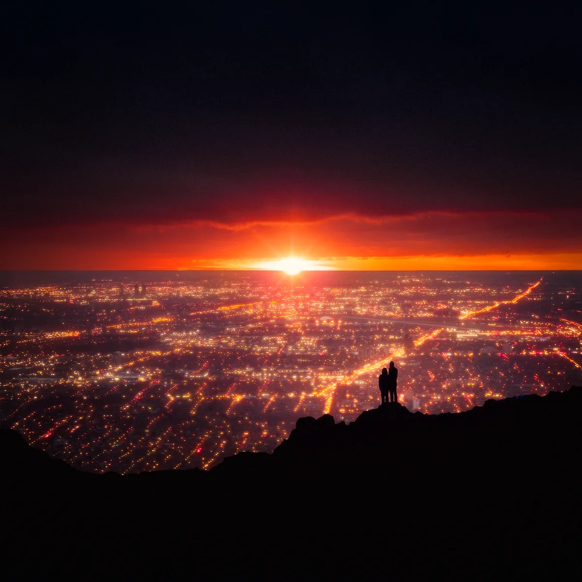 Glow, cover art for Shingo Nakamura on Monstercat: two figures on a ridge above endless city lights at sunset