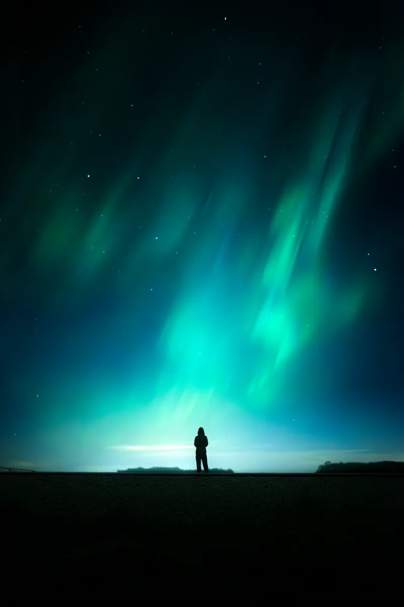 A figure in silhouette beneath green northern lights beside a wind turbine in Grey County, Ontario